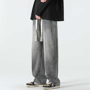 Jeans d'été en coton extensible décontractés pour hommes, taille moyenne, bande élastique, pantalon en denim à jambe large pour hommes, personnalisation - Product Image 1