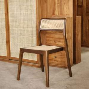 Sillón de Madera Maciza con Inserto de Ratán y Cuero PU, Silla de Comedor Moderna para Comedor, Apartamento, Villa, Bodega, Taller - Product Image 1