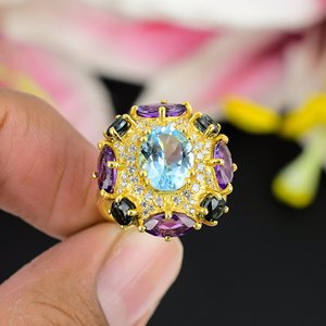Blue Topaz & <b>Amethyst</b> Cluster <b>Gold</b> <b>Ring</b> | Multicolor Gemstone Designer <b>Ring</b> With CZ Accents - Product Image 3