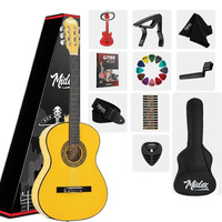 4/4 Black Classical Guitar Full Set Adjustable Truss Rod Glossy Finish Mahogany Neck Tuner Bag Capo Picks | Midex CG-270YLW