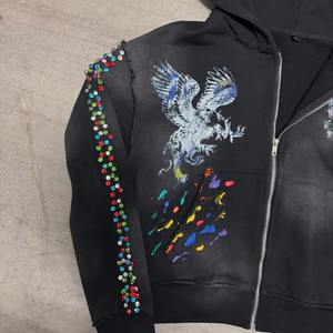 New Style 2025 Men's Acid Wash Boxy Fit Hoodie with 400GSM DTG Print and Full Rhinestone Accents Custom Rhinestone Hoodie - Product Image 2