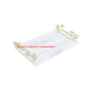 Bandeja para servir de mármol blanco de primera calidad con elegantes manijas de latón de hoja dorada, decoración Rectangular decorativa para cocina y hogar - Product Image 4