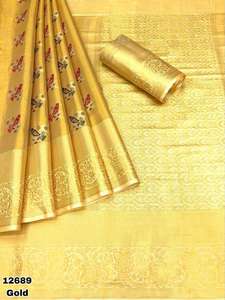 RICH LOOK KANJIVARAM SEDA MINA TEJIDO CON ORO ZARI TEJIDO TRABAJO SAREE CON BLUSA DESCOSADA ORO - Product Image 3