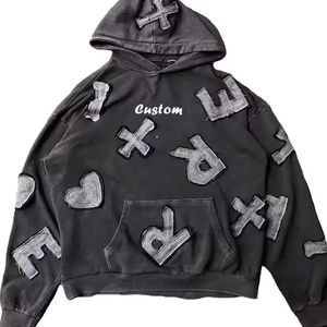 Ventes en gros de sweats à capuche en molleton épais 100% coton pour l'hiver, style streetwear, avec patchs déchirés, logo brodé, lavage à l'acide - Product Image 3