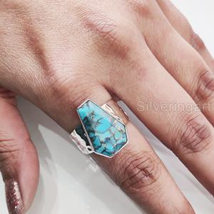 แหวนสตรีโลงศพธรรมชาติสีฟ้าทองแดงเทอร์ควอยส์พลอย December birthstone PARTY ค้อน unisex แหวนเงินสเตอร์ลิง925 - Product Image 3