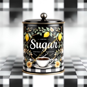 Boîte de cuisine en métal vintage, pot de stockage de sucre décoratif avec couvercle en vichy noir, tasse à thé et style autocollant à motif floral - Product Image 2