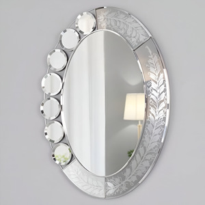 Espejo de pared con diseño de hoja grabada ovalada con detalles circulares decorativos Marco de espejo de pieza de decoración elegante para el hogar - Product Image 3