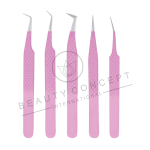 Juego de 5 pinzas de extensiones de pestañas con punta de fibra NANO de agarre de diamante de color rosa, pinzas clásicas y de volumen, acero japonés sostenible - Product Image 6