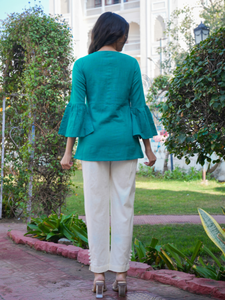 Haut en coton slub de qualité supérieure pour femmes, robes d'été en gros, turquoise et manches cloche, col rond, haut décontracté - Product Image 4