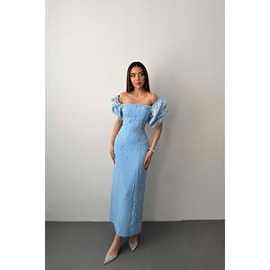 Vestido Midi Azul Bebé, Tejido, con Bordado y Mangas con Adornos, Cintura Natural - Product Image 1
