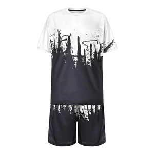 Ensemble T-shirt et short imprimé décontracté pour homme, grande taille, style urbain, col en V, séchage rapide, vêtements d'été, noir et blanc unis, en polyester tricoté - Product Image 3