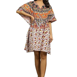 Caftán de algodón con estampado de Mandala hecho a mano, ropa de playa para mujer, vestido de caftán corto, ropa de dormir para el hogar - Product Image 1