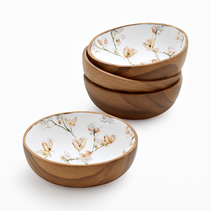 Bol en bois d'acacia artisanal avec motif en émail de feuille jaune moutarde Bol de service en bois naturel pour utilisation sur table et décoration - Product Image 3