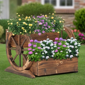 Wagon en <span class=keywords><strong>bois</strong></span> <span class=keywords><strong>jardinière</strong></span> avec roues chariot de jardin décoratif pour fleurs herbes légumes intérieur extérieur Patio ferme décor - Product Image 3