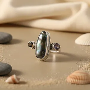 "Platinum Rhodium-Plated <b>Emerald</b>-Cut Natural Stone 925 <b>Silver</b> Pearl & Amethyst <b>Ring</b> for Women's Statement Jewelry" - Product Image 1
