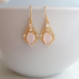 Rose Quartz Oval Charm Huggie Hoop 925 Silver Gold Plated Earrings Vintage Style Earrings Gift for Her Quartz Earrings - Product Image 1