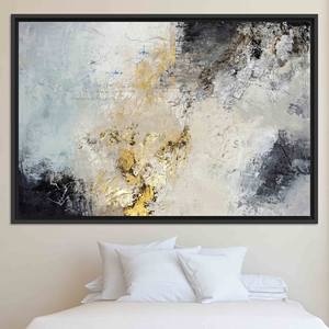 Art abstrait moderne en plâtre : Impression sur toile élégante gris et or, TOILE ENCARTÉCHÉE NOIRE - Product Image 1