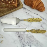 Ensemble de 2 pièces de service à gâteau et couteau en acier inoxydable doré avec poignée en forme de feuille Ensemble d'ustensiles de dessert élégants pour fête de mariage