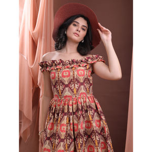 Mini vestido con hombros descubiertos y estampado Floral de óxido para mujer, ajustado y acampanado, sin mangas, mezcla de algodón, tejido con volantes, diseño de estilo étnico - Product Image 2