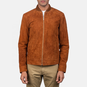 Veste bomber en cuir avec logo brodé personnalisé pour homme, veste en cuir suédé couleur tan pour homme - Product Image 1