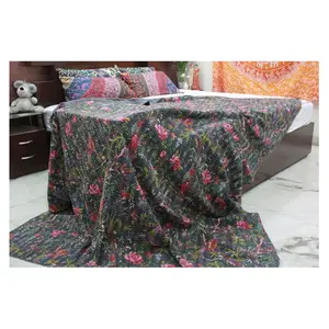 Kuş cennet siyah baskı Kantha yorgan pamuk kumaş battaniye atmak yatak örtüsü Bohemian Patchwork HandStitch hindistan'da yapılan