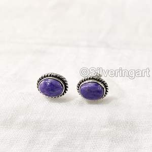 Boucles d'oreilles à clous pour femmes, pierre précieuse naturelle de charoïte, boucles d'oreilles à clous bohèmes de Noël, bijoux faits à la main, boucles d'oreilles à clous en argent sterling 925 - Product Image 6