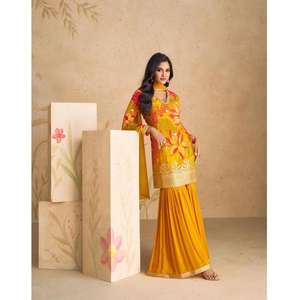 Conjunto de Traje Plazzo de Mezcla de Seda Chinon con Detalles de Trabajo Manual Tradicional, Atuendo Étnico Cómodo para Uso Diario, Suministro Global Asequible - Product Image 1