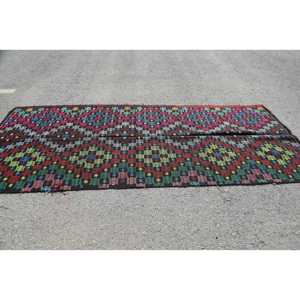 Alfombra Vintage, Alfombra Turca Grande de 4.5x11 pies, Alfombra de Lana a Cuadros Azul y Roja - Product Image 3