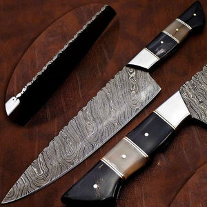 Handmade Damascus Steel Modern Ambidextrous Kitchen Chef Knife Set High Quality <b>Vegetal</b> Cutting Leather Sheath <b>Brushed</b> Finish - Product Image 2