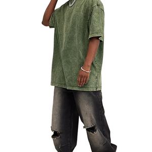 Camiseta extragrande lavada con ácido para hombre, camiseta vintage bordada de secado rápido, ropa de calle personalizada, Camisetas largas con cuello redondo - Product Image 6