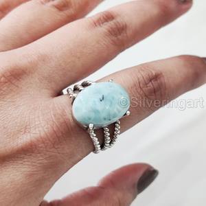Anillo de Mujer con Piedra Preciosa de Larimar Natural, 3 Bandas Trenzadas Estilo Bohemio, Regalo de Navidad, Joyería Hecha a Mano, Anillo de Plata de Ley 925 - Product Image 3