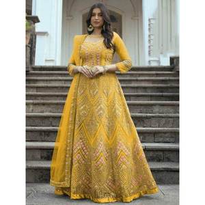 Maravilloso Traje Anarkali de Malla Bordada en Amarillo para Bodas - Product Image 1