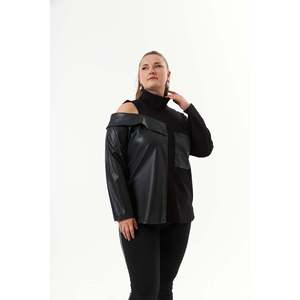 Sweat-shirt noir grande taille avec bordure en cuir - Product Image 4
