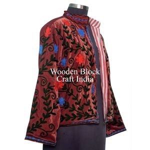 Trending Handmade Suzani Embroidery Knitted Cotton Velvet Winter Short <b>Quilted</b> <b>Jacket</b> for Women with Stripe Design - Product Image 5