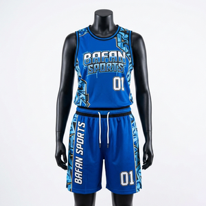 Ensemble maillot et short de basketball en maille polyester premium bleu avec empiècements latéraux contrastants, logo personnalisé par sublimation, pour femmes - Product Image 1