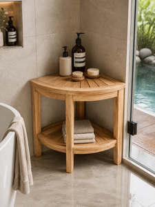Mesa de Ducha Esquinera de Madera de Teca Sólida con Estante Inferior, Soporte para Baño y Spa, para Villas, Resorts y Hoteles, Fabricante de Indonesia - Product Image 2