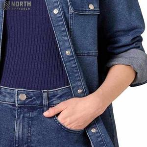 Veste en jean bleu nouveau style pour femmes avec motif solide col rabattu tissu tissé fermeture à boutons décontractée avec poches vestes - Product Image 3