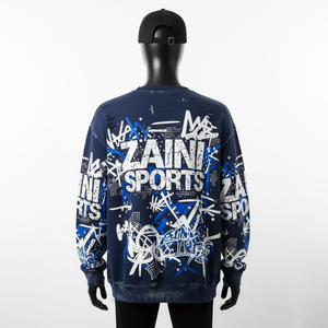 High Quality Oversized Sweatshirt 350GSM <b>Soft</b> Cotton Fleece Navy Graffiti Pattern Distressed With Custom Logo Basics Sweatshirts - Product Image 3