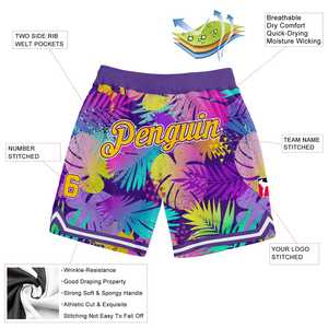 Short personnalisé violet or-blanc motif 3D Design feuilles de palmier tropicales authentique Basketball Shorts Sportswear ommiz industrie - Product Image 2