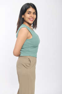 Top corto acanalado sin mangas turquesa de moda para mujer, camisola de Spandex ajustada elástica, uso diario ligero - Product Image 3