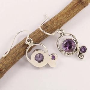 Pendientes de piedras preciosas de amatista, pendientes de perlas redondas de Plata de Ley 925 sólida para mujeres y niñas, pendientes colgantes de plata, plata - Product Image 2