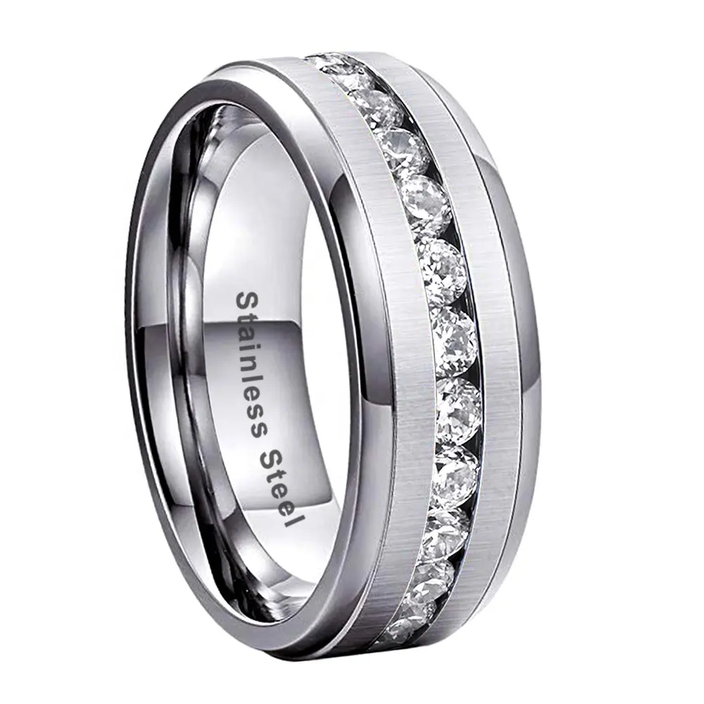 Coolstyle Jewelry 8mm Eternity Engagement Wedding Band Cubic Zirconia CZ Inlay 316L Stainless Steel Ring for Men Women