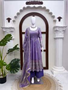 Designer Intricate Thread With Sequence Work Fandy Silk Anarkali <b>Top</b> With Bottom And Dupatta Fully Stitched Ready To Wear Set - Product Image 6
