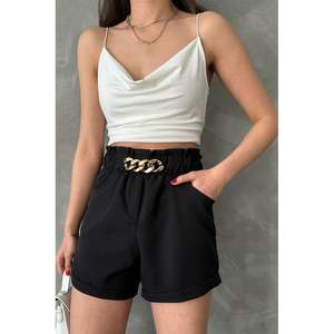 กางเกงขาสั้นผู้หญิงสีดำรัดเข็มขัดพร้อมห่วงรัดและกระเป๋า-ขายส่ง - Product Image 4