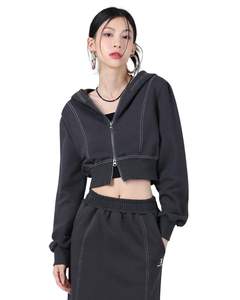 Customized Women <b>Black</b> Cropped Zip Up Hoodie Long Sleeve Hooded <b>Sweatshirt</b> With Contrast Stitch Casual Streetwear Fashion Top - Product Image 1