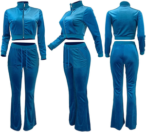 Stylish Ladies Plus Size <b>Velour</b> <b>Tracksuit</b> Breathable Long Sleeve Zip Jacket With Drawstring Waist Pants In Multiple Colors - Product Image 2