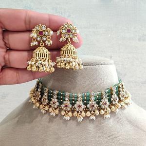 Traditional Gold Plated Green <b>Pearl</b> Choker <b>Set</b> With Earrings for Women Bridal Indian Wedding Jewelry <b>Set</b> Classic Women <b>Necklace</b> - Product Image 1