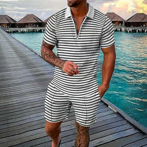 Polo à manches courtes pour hommes, ensemble de 2 pièces avec impression numérique, ensemble de chemise de rue décontracté pour les vacances et les sports de plein air, ensemble de 2 shorts polo - Product Image 1