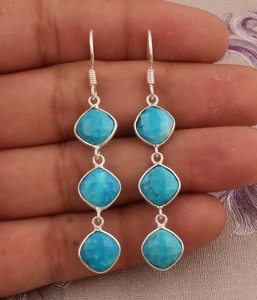 925 Sterling <b>Silver</b> Turquoise Faceted Cushion Shape Designer Three Stone <b>Long</b> <b>Silver</b> <b>Earrings</b> At Wholesale Price - Product Image 2