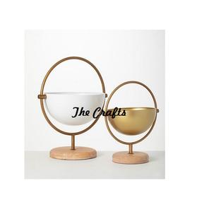 Set Of Two Different Size Serving <b>Chocolate</b> Bowl In Metal <b>White</b> And Gold Color Dessert Bowl With Wooden Base - Product Image 1